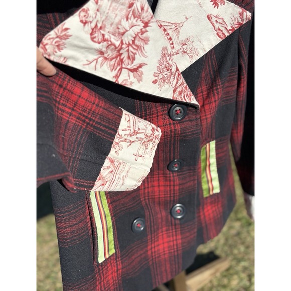 Vintage Wool Blend Plaid Pea Coat Sz Medium Double Breasted Red Black Upcycled - Picture 6 of 14